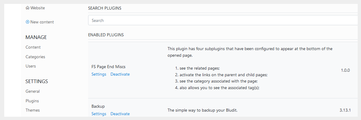 Snapshot 03 - Detalhes como Listagem dos Plugins no BLUDIT CMS